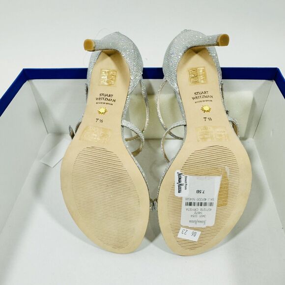 NIB Stuart Weitzman Nudist 7.5 Crystal Buckle Sandals 100mm Silver Glitter $625 - Picture 12 of 13